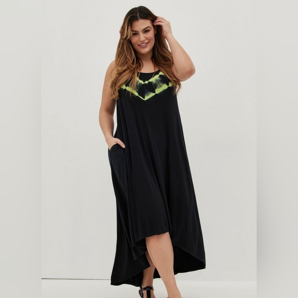 Torrid 2X  New Black/Neon Tie Dye Super Soft Hi Lo Maxi Dress w/Pockets
